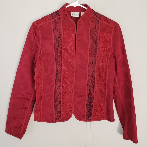 Chico's Red Brocade Tapestry Mandarin Collar Blazer - Picture 3 of 11
